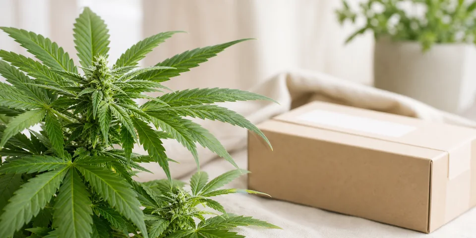 Cannabispflanze und Paket als Grafik für den Bestell-Call-to-Action