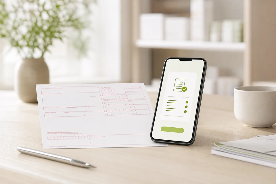Papierrezept und Smartphone mit E-Rezept für den Wissensartikel E-Rezept und Papierrezept